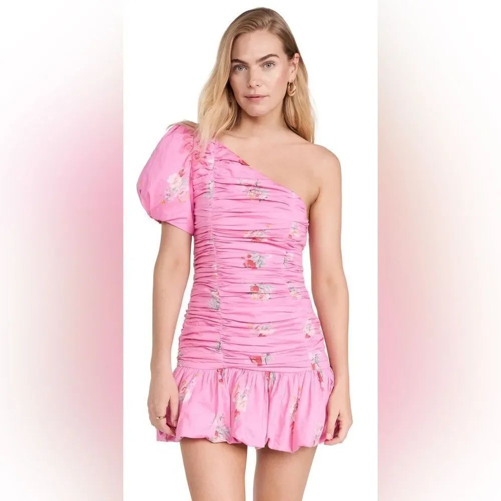 LOVESHACKFANCY Oberdine Asymmetric Shirred Mini Dress In Pink Parade Size 4